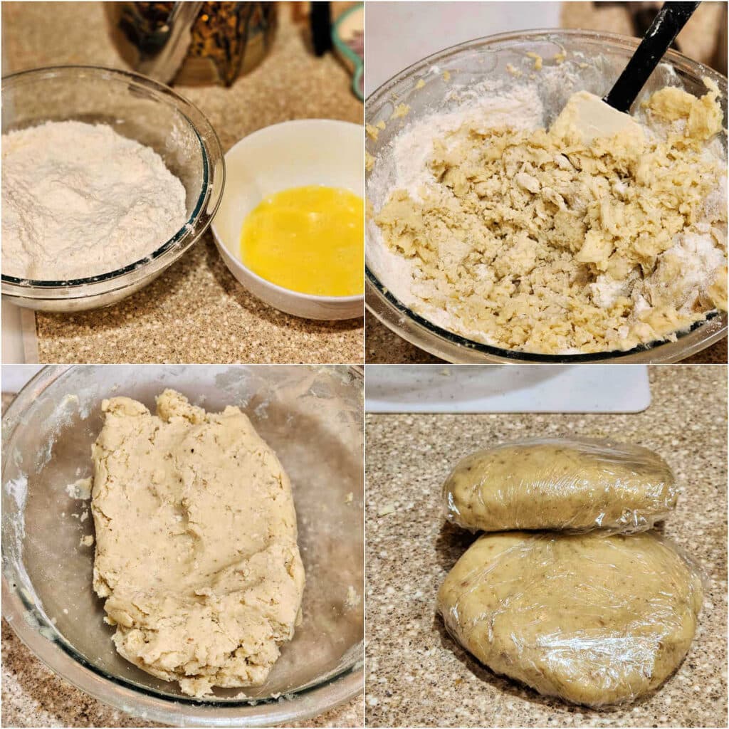 A collage of 4 images. The first is of a bowl of flour and a bowl oif beaten egg. The second is of the egg and flour mixture being mixed into butter/sugar in a glass bowl with a spatula. The third is of the finished dough in the bowl. The last image is of the dough wrapped in plastic wrap ready to go in the fridge.