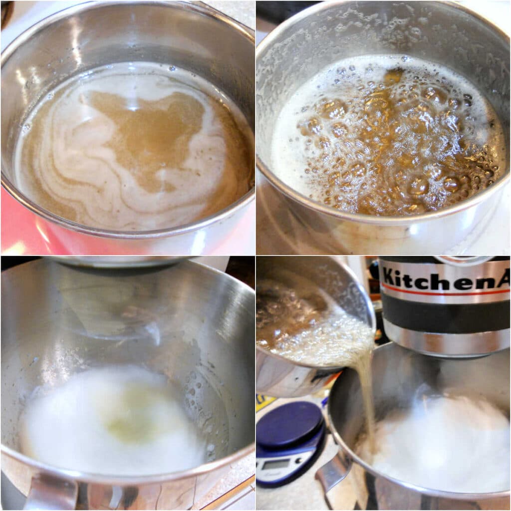 A collage of 4 images showing how to make Italian meringue. Water and sugar in a pot, boiling sugar in a pot, whipping egg whites in a stand mixer, and pouring the cooked sugar syrup into the beating egg whites.