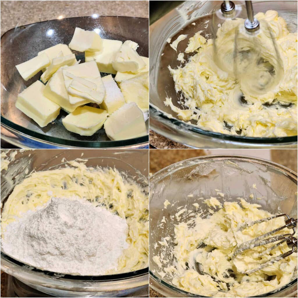A collage of 4 images showing a glass bowl of butter and salt being mixed together with a hand mixer. Then a large amount of powdered sugar also gets creamed into the mix.