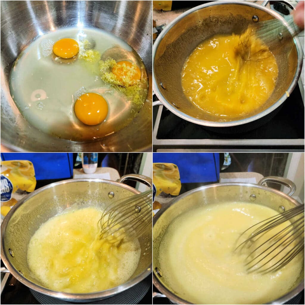 A square collage of four square images. The first shows eggs, sugar, lemon juice, and lemon zest in a metal pan. The second shows whisking up the egg and sugar mixture on the stove. The third image shows the color of the curd getting a bit paler and more opaque as it thickens. The last image is of the thickened lemon curd ready to be poured through a strainer.