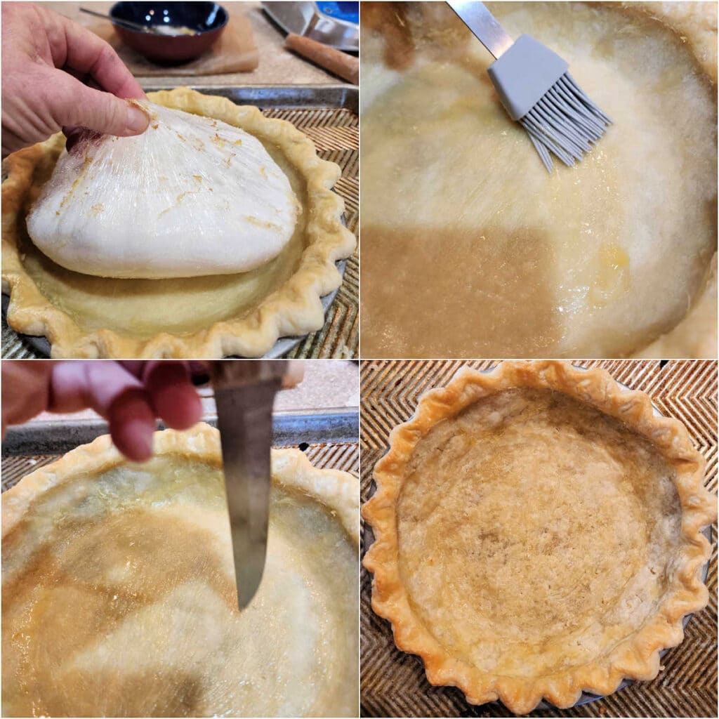 A collage of four images showing how to finish blind baking a crust. In the first, a hand is removing the plastic-wrap and sugar after the first bake. In the second, a pastry brush is brusing the bottom crust with egg wash. In the third, it's using the tip of a knife to poke tiny holes in the bottom of the crust, and the last photo shows an overhead, partially-baked pie crust.