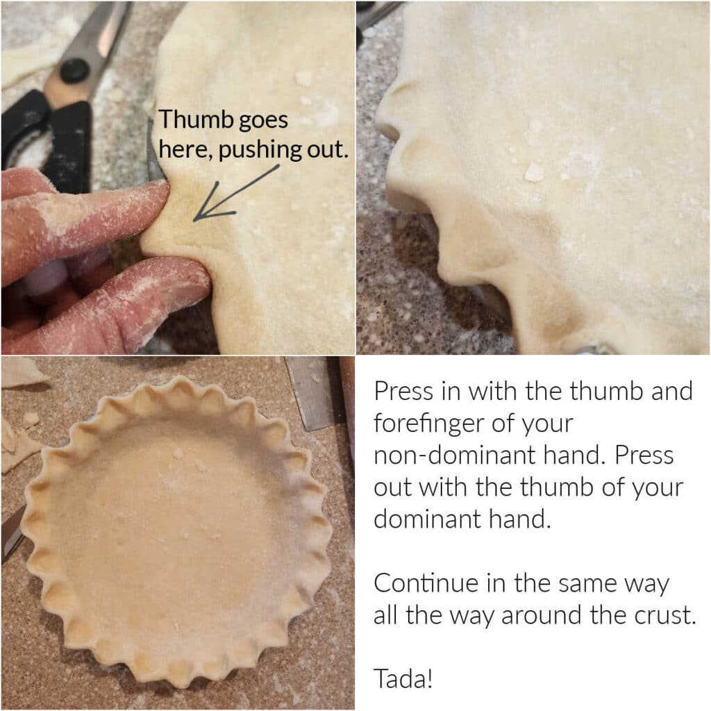 A collage of 3 images showing how to crimp a pie crust. Text reads, "Press in with the thumb and forefinger of your non-dominant hand. Press out with the thumb of your dominant hand. Continue in the same way all around the crust. Tada!"