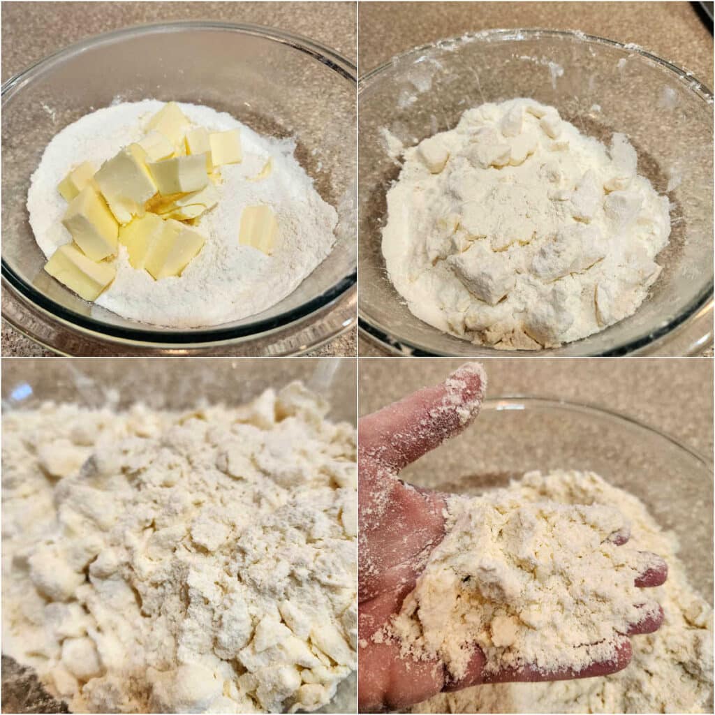 A collage of four images. The first is flour and butter in a glass bowl. The second shows the butter pieces covered with flour. In the fourth, the butter is in even smaller pieces, and the last image shows a close-up of a hand holding some of the flour/butter mixture with a few pea-sized pieces of butter and a lot of cornmealy in texture flour.