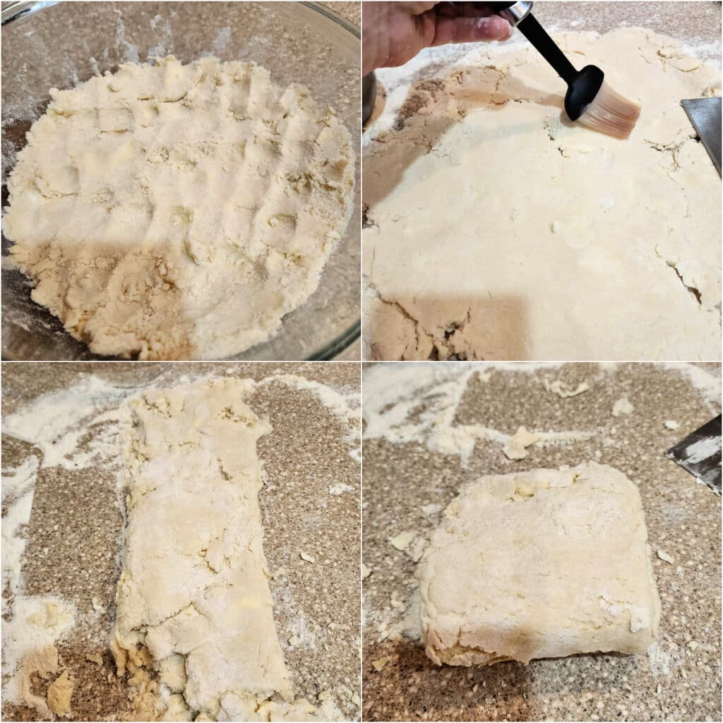 A collage of four images of making pie dough. The first is the dough pressed into the bottom of the glass bowl it was made in. The second shows it roughly rolled out and a pastry brush lightly brushing it with some water. The third shows the dough folded in thirds like a letter, and the fourth shows the dough with the letter folded in thirds in the opposite direction and making a thick, square package of dough.