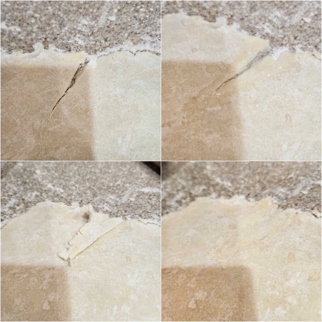 A collage of 4 images showing a crack in pie crust, wetting the crack with some water, adding a patch of extra dough, and then the finished repair after rolling the patch with a rolling pin.