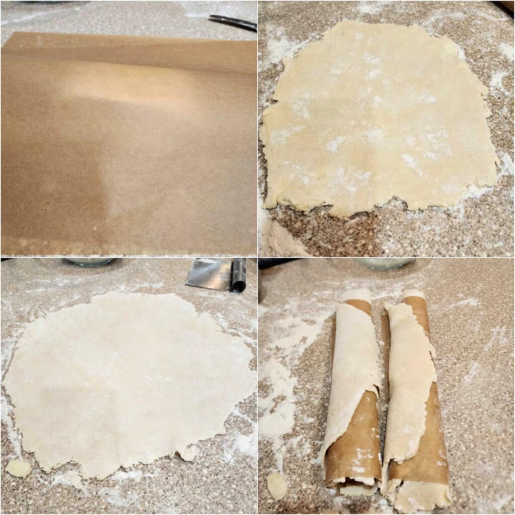 A collage of 4 images showing rolling pie dough out into a rough circle and then rolling the dough up into a cylinder with a piece of parchment so it won't stick to itself.
