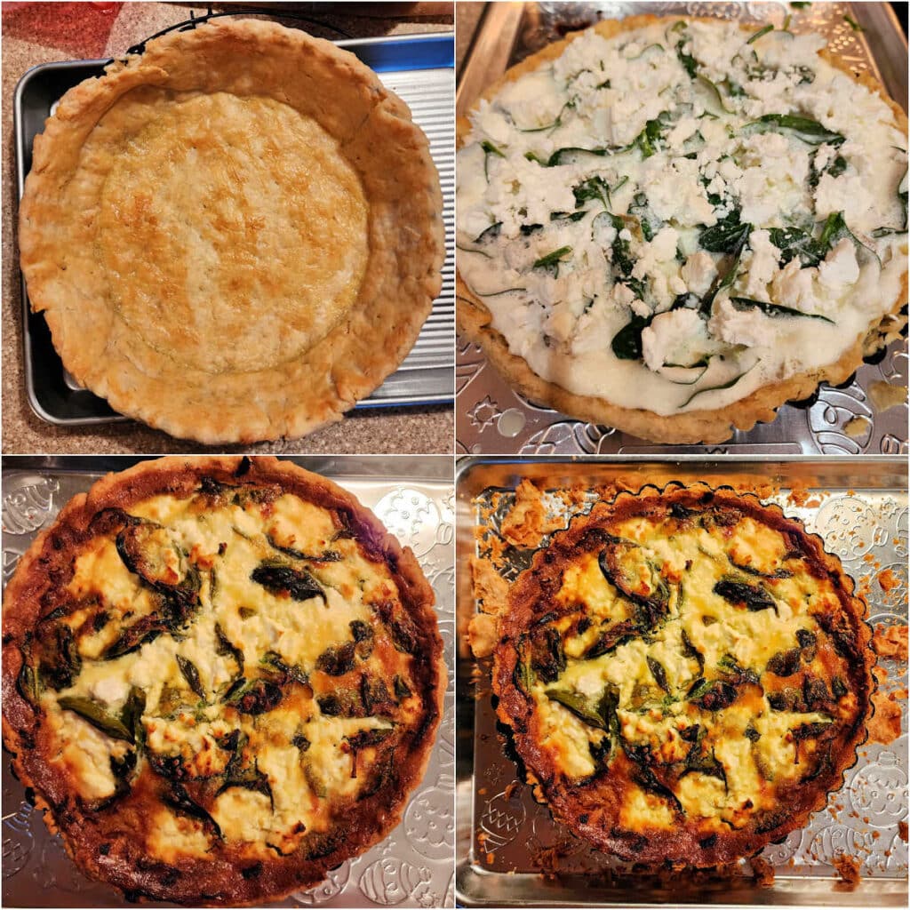 A collage of 4 images. One shows a parbaked deep dish tart crust shot from overhead. The second shows the crust filled with custard and filling for making quiche, the third shows the baked quiche, and the last shows the excess baked crust cut off around the top edge of the tart pan.