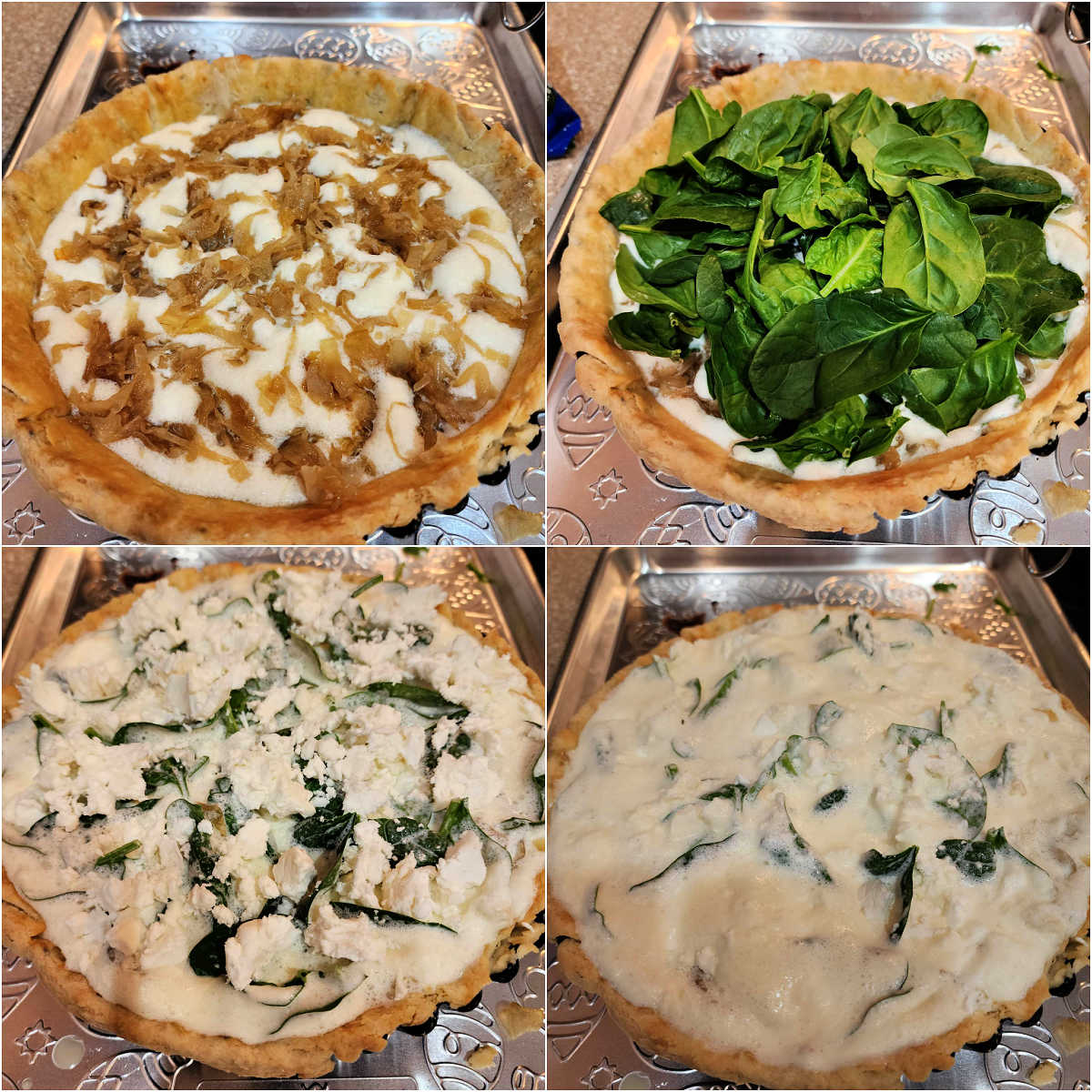 A collage of 4 images showing filling a quiche, first caramelized onions, then a bunch of spinach. The third shows goat cheese on top, and the fourth shows the quiche with all the fillings pressed down under the custard and ready to go in the oven.