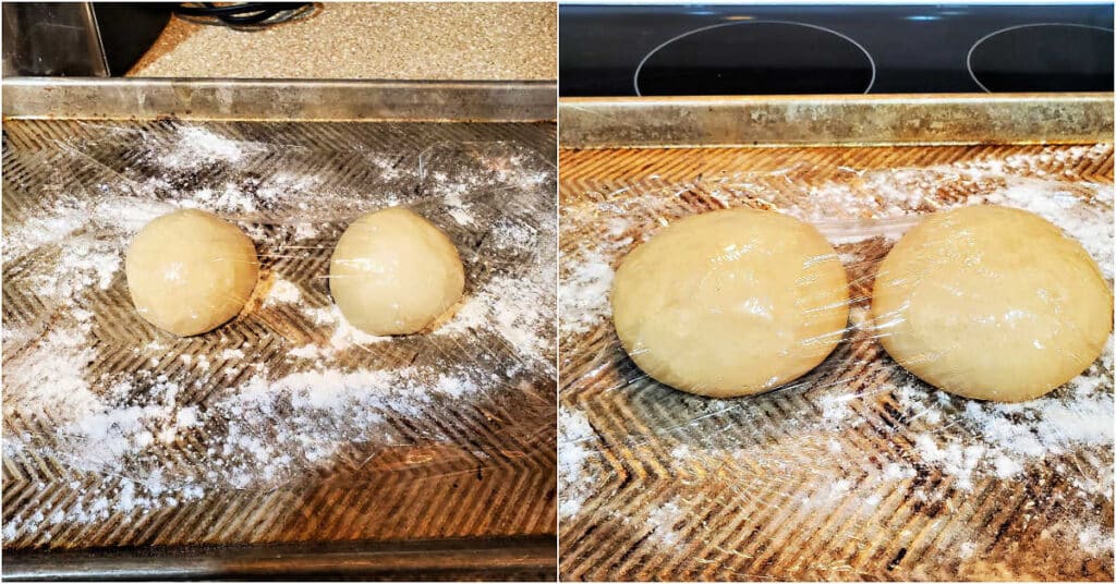 A collage of two images of two balls of easy pizza dough showing what they will look like right after shaping and then again after rising. The balls have almost doubled in size.