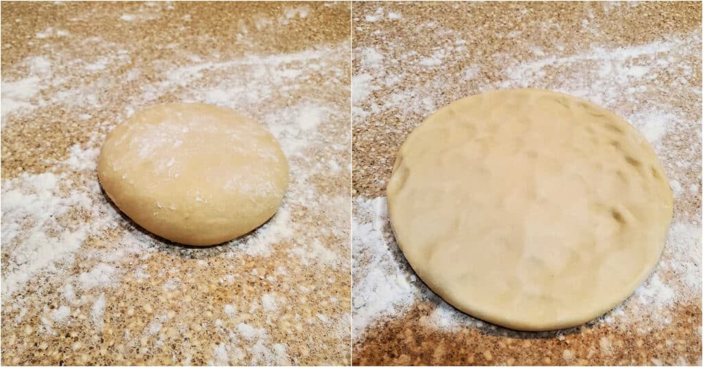 A collage of two images, one a ball of dough on a lightly floured surface, and the other, the same ball of dough dimpled out into a round about 6" in diameter.