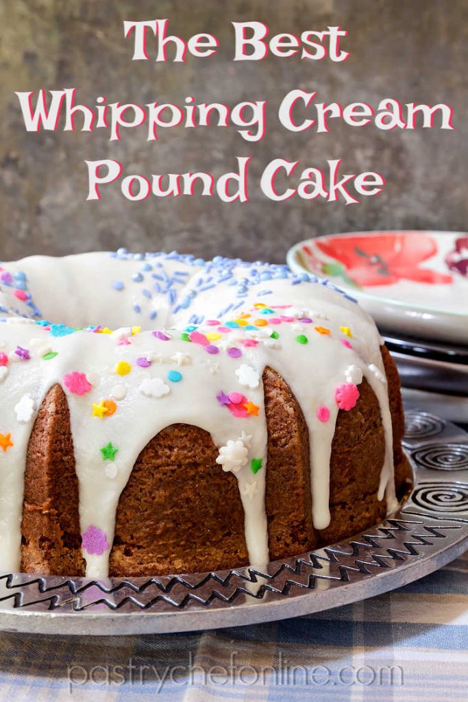 pin image of a glazed pound cake with sprinkles. text reads "the best whipping cream pound cake"