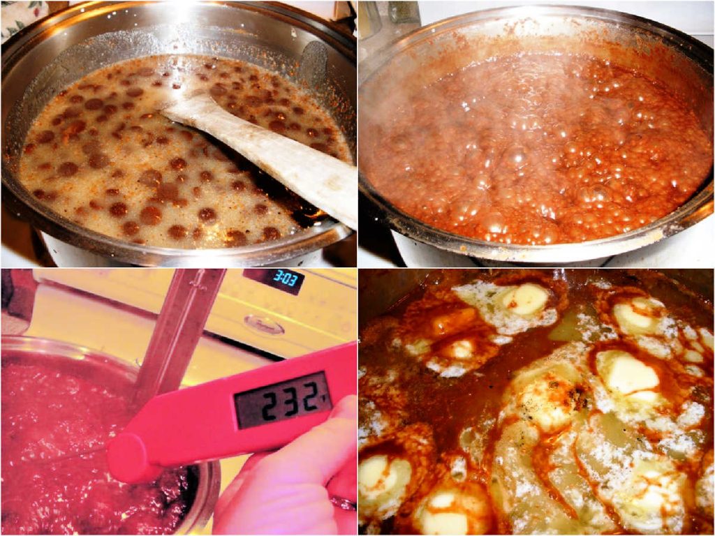 A collage of 4 images showing melting fudge ingredients, the boiling fudge, taking its temperature and melting butter on top of the cooling pot of fudge.