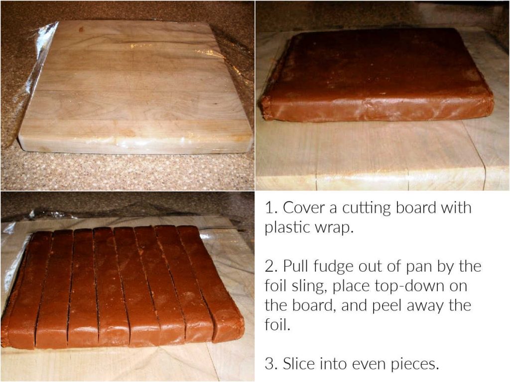 A collage of 3 images: a cutting board covered with plastic wrap, a slab of fudge on the board, and the slab sliced into pieces. There is text overlay describing all 3 images.