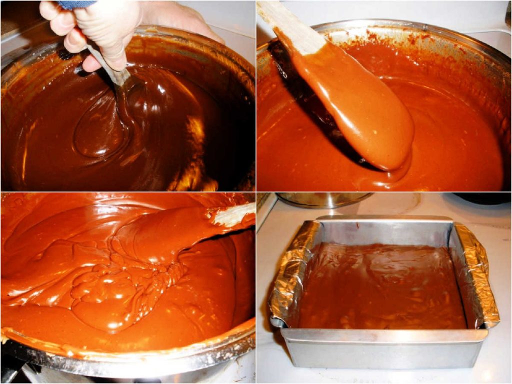 A collage of 4 images showing stirring fudge and the mixture thickening as it cools.