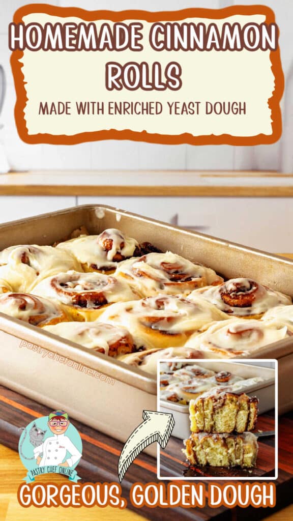 Pin image for homemade cinnamon rolls. A pan of cinnamon rolls on a counter. Text reads, "Homemade cinnamon rolls made with enriched yeast dough."