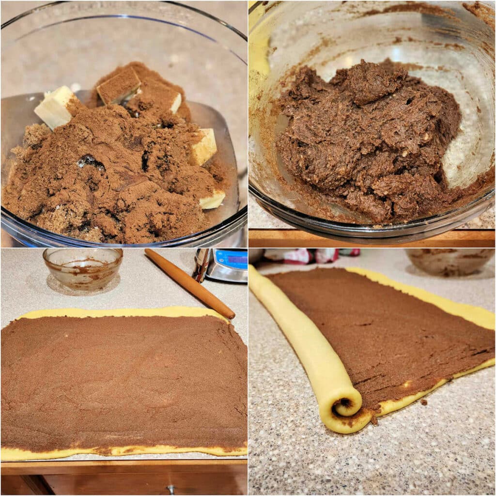 A collage of 4 images: 1)Butter, sugar, and spices in a glass bowl. 2)The butter and spices mixed together into a paste. 3)The butter/spice mixture spread evenly onto a large rectangle of dough. 4)The dough and spiced butter mixture rolled up partway into a cylinder.