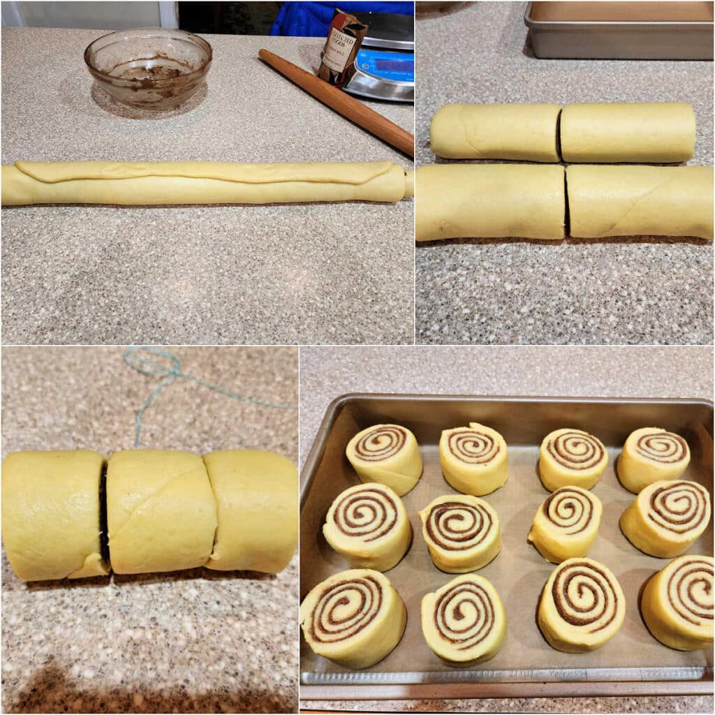 A collage of 4 images: 1)A long cylinder of cinnamon roll dough on a counter. 2)The cylinder of dough divided into 4 equal sections. 3)One section of the dough divided into 3 equal rolls. 4)All 12 cinnamon rolls in a rectangular baking pan lined with parchment.