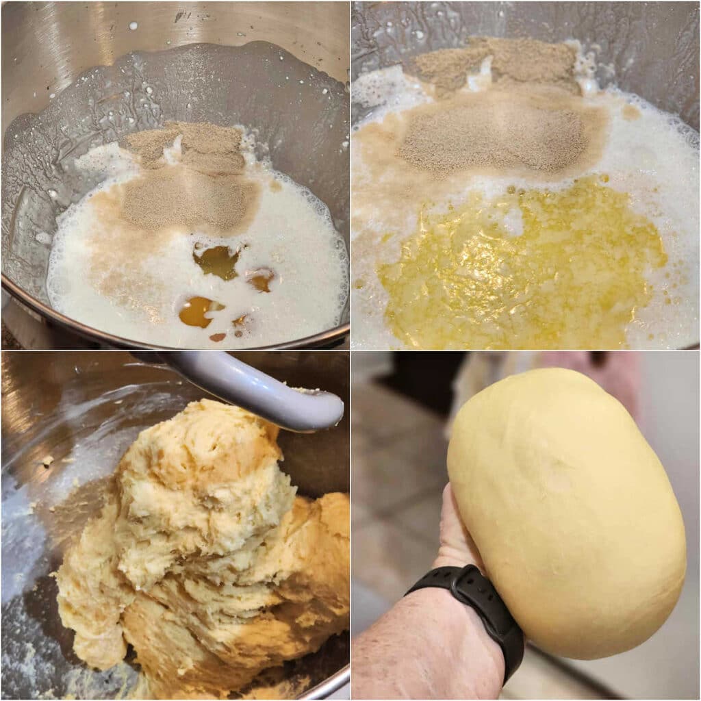 A collage of four images: Wet ingredients: buttermilk, egg yolks, egg, yeast, salt, and sugar in a metal mixing bowl. 2)The bowl with melted butter added to the buttermilk mixture. 3)The dough kneading in a mixer with the dough hook. 4)A hand holding a smooth ball of pale yellow dough.