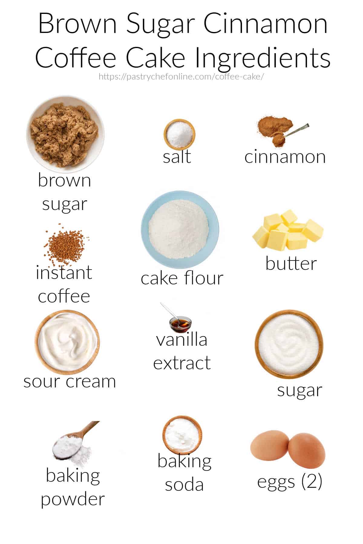 Images of all the ingredients needed to make a cinnamon sour cream coffee cake, labeled and on a white background.