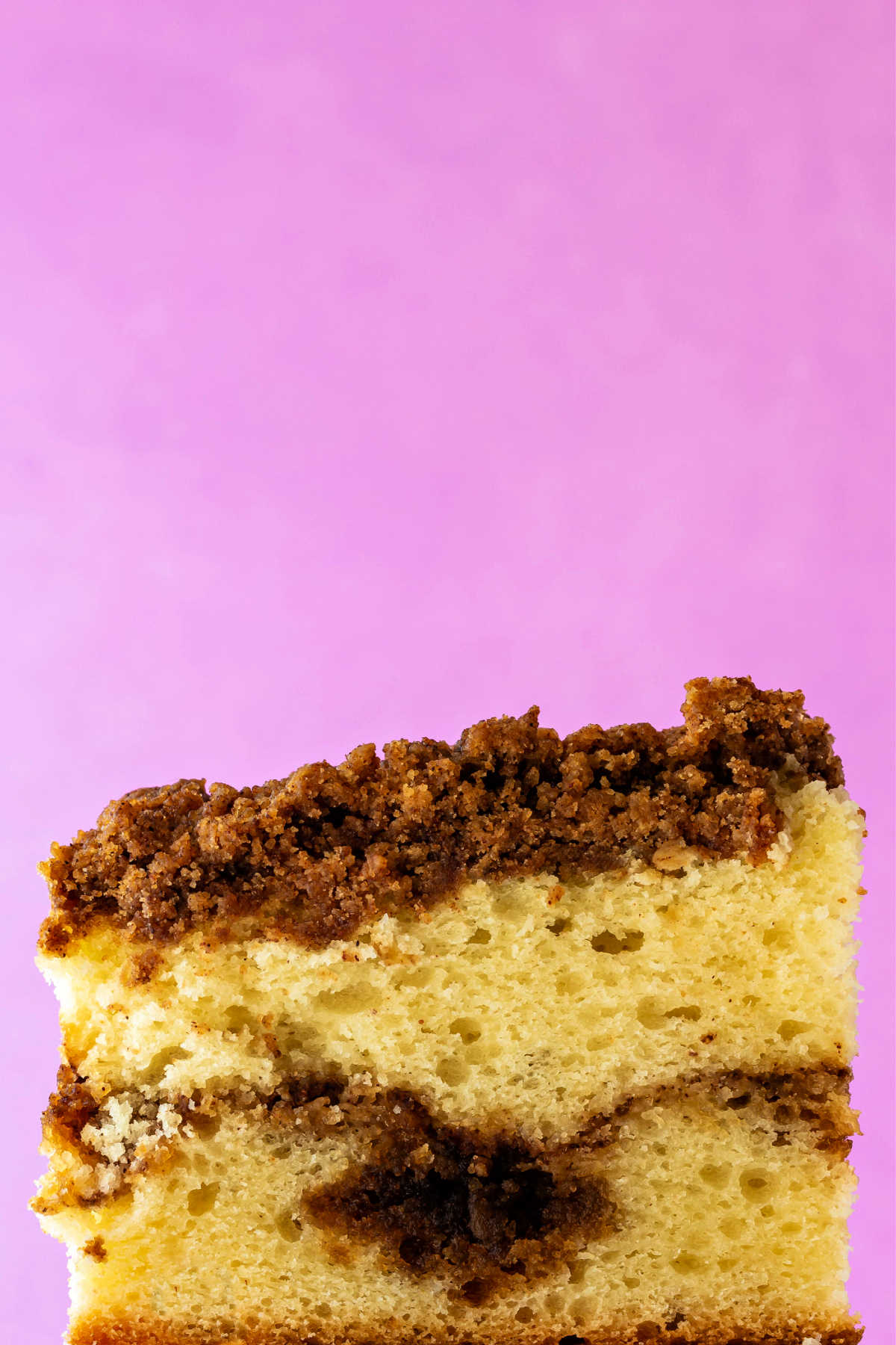 An up-close shot of a cross-section of a slice of cinnamon coffee cake with a ribbon of cinnamon filling in the middle and brown sugar cinnamon crumbs on top. It is shot on a pink background.