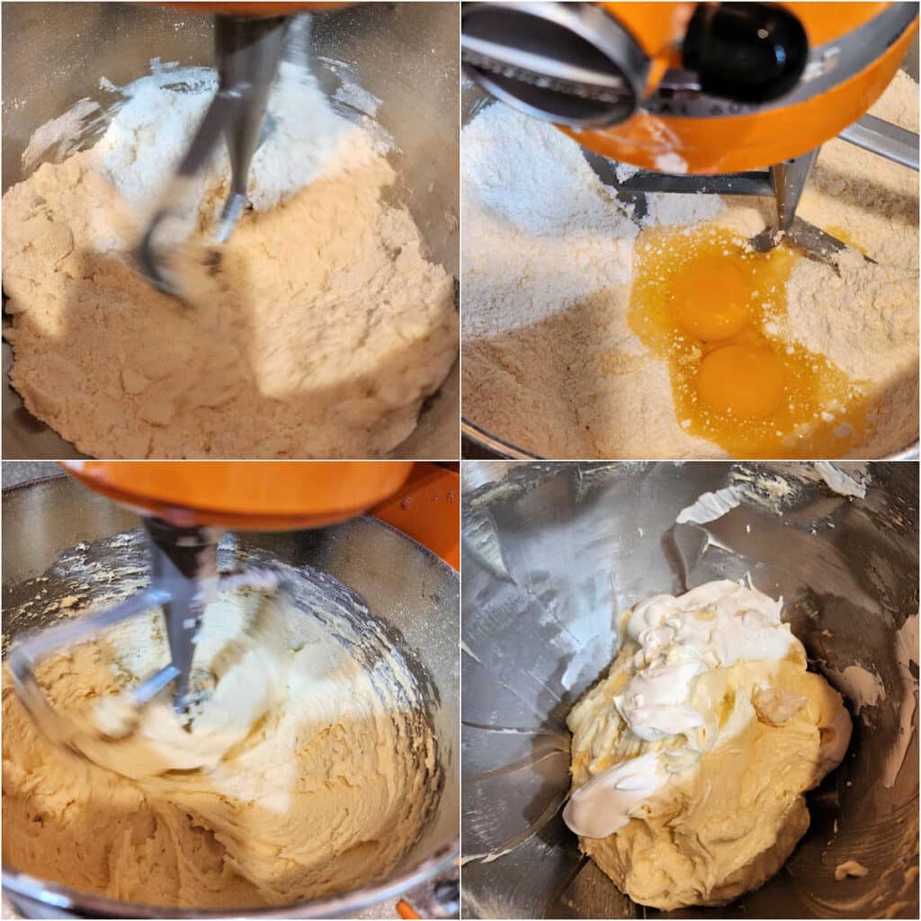 A collage of four images of mixing coffee cake batter. In the first butter is getting mixed thoroughly into the dry ingredients. In the next, eggs and some sour cream are added. The third image is of the batter mixing in the mixer bowl. The last image shows the batter scraped into the center of the bowl with the last of the sour cream added.