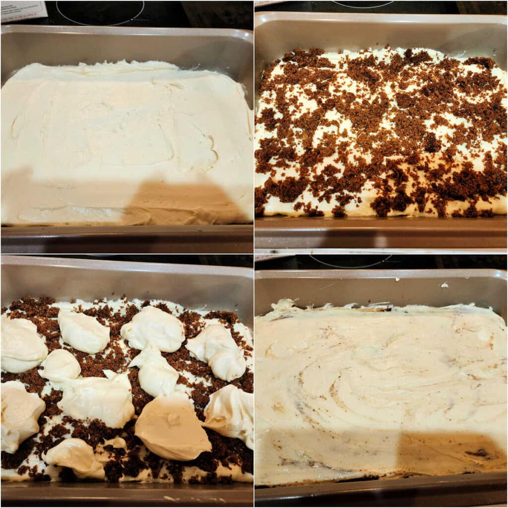 A collage of four images showing spreading batter in the pan and layering in the cinnamon ribbon, dotting on more batter, and spreading it out to cover the filling.