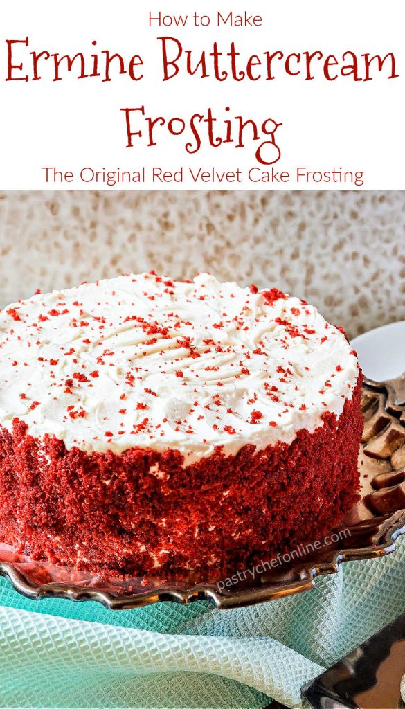 whole cake text reads "how to make ermine buttercream frosting red velvet cake's best friend"