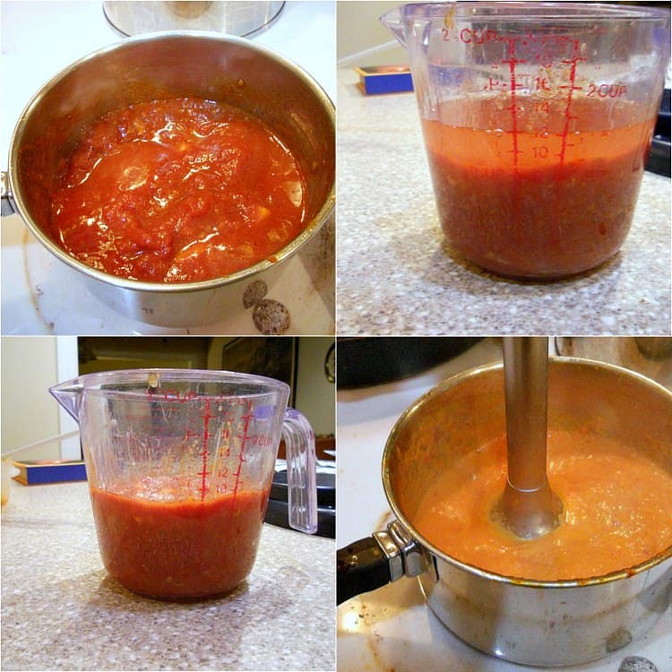 Collage of 4 images showing how to make and blend pasta sauce.