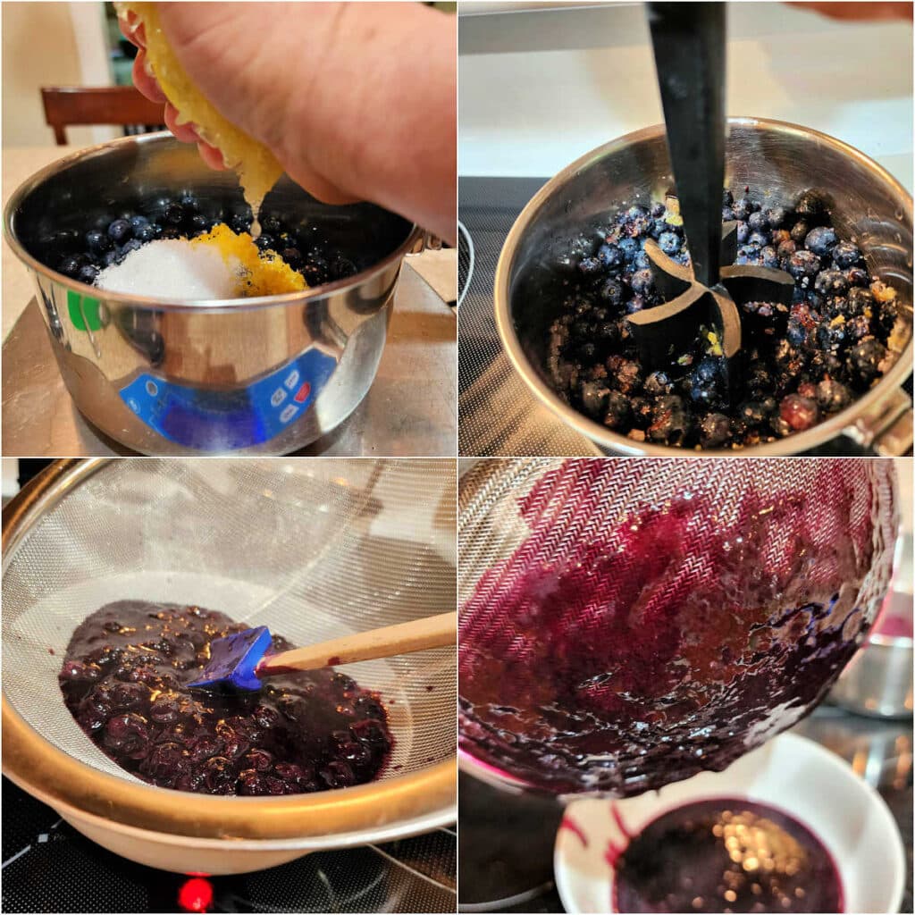 A collage of four images showing the steps for making the blueberry gelee: berries, sugar, lemon juice in a pot, crushing the berries, boiling the sauce and straining it through a fine mesh strainer.