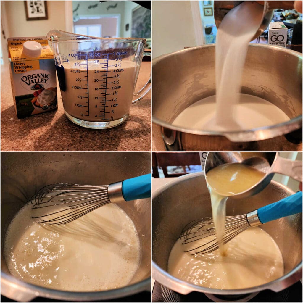 A collage of four images showing the steps for making lemon posset. Measuring heavy cream, adding sugar to the cream in a pot, poiling the mixture, and adding lemon juice to thicken.