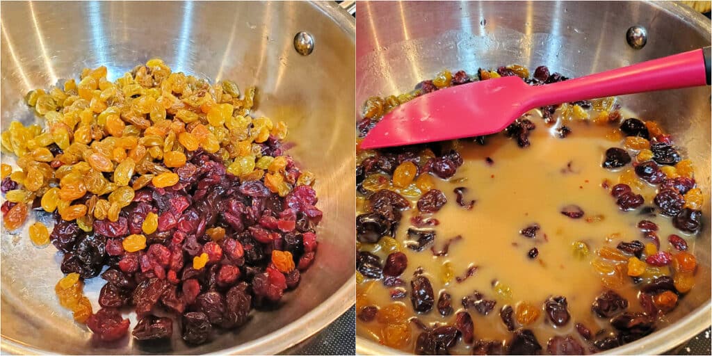 Collage of 2 images, one of dried fruit in a pan, and the other with the addition of sugar, water, and cornstarch. The liquid looks tan and opaque before cooking.