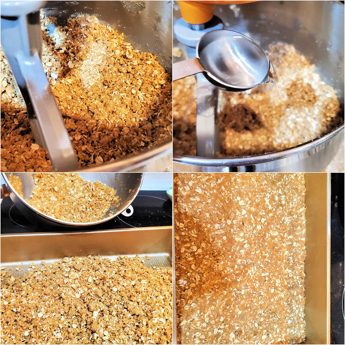 A collage of 4 images showing the mixing of the oatmeal dough and pressing it into the pan for raisin bars.