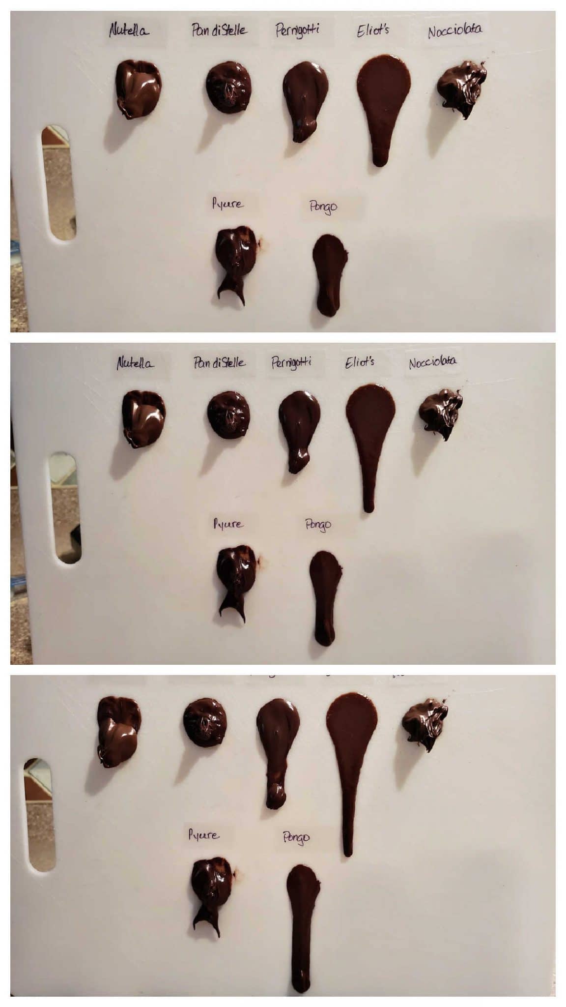 Collage of 3 images showing how blobs of different brands of chocolate hazelnut spread slide down a cutting board over 5 minutes.
