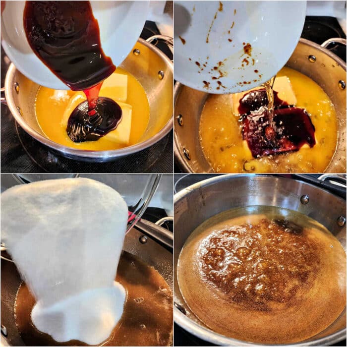 A collage of four images showing how to put the ingredients for butterscotch candy together in a pan: 1)Pouring molasses into partially melted butter. 2)Pouring water into the pan of butter and molasses. 3)Adding granulated sugar to the pan. 4)The pan of ingredients as they just come to a boil.