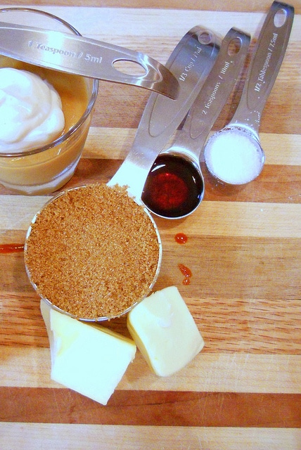 Ingredients to make butterscotch: brown sugar, butter, salt and vanilla.