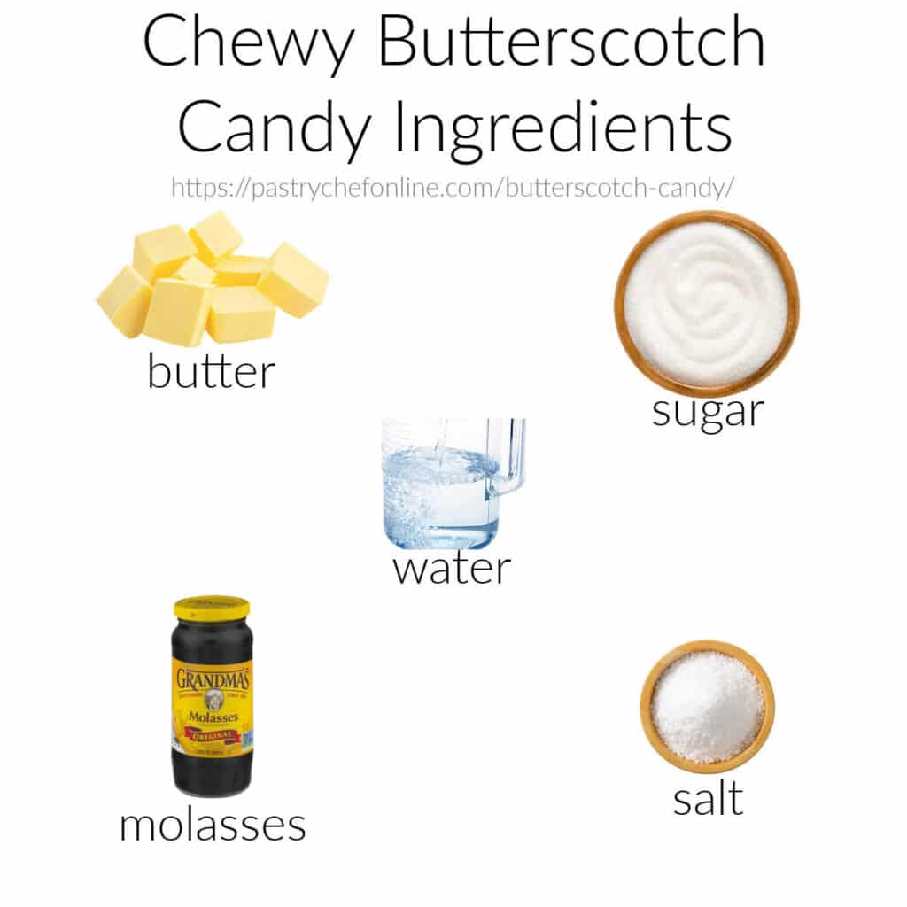 Labeled images of the ingredients you'll need to make butterscotch candy: butter, sugar, water, molasses, and salt.