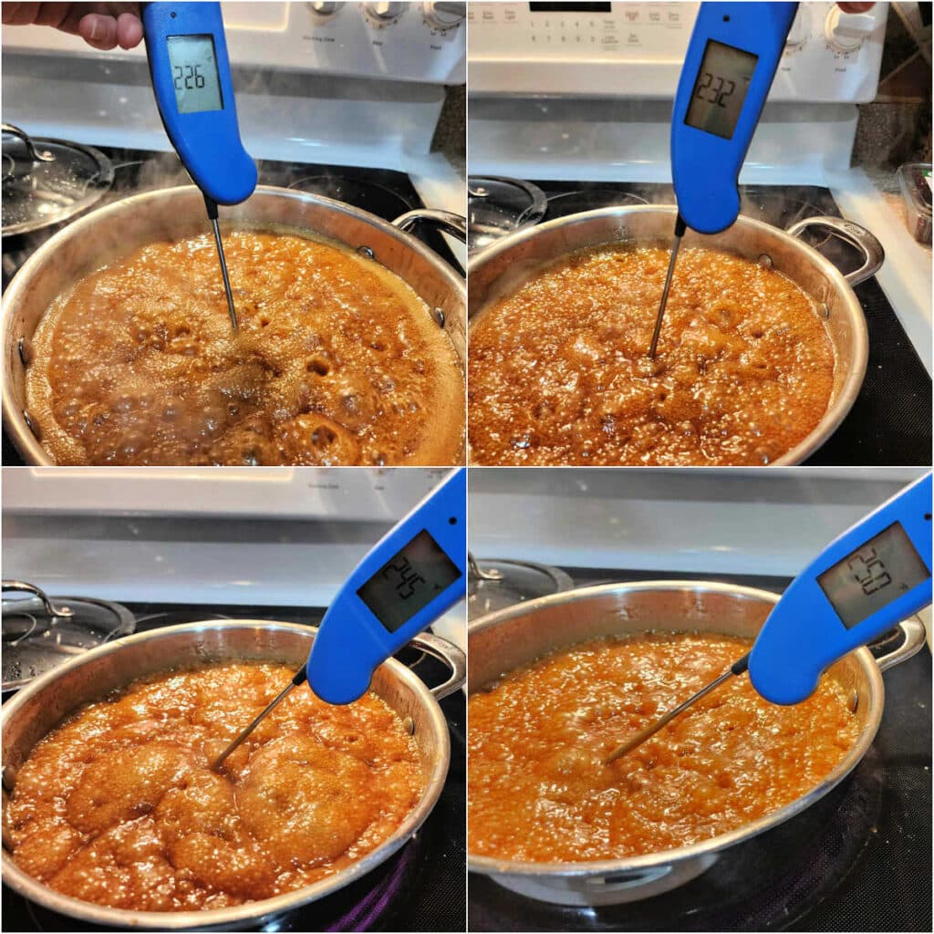 Four very similar images of butterscotch candy boiling in a pan with a blue, instant read thermometer inserted. The temperatures on the thermometer read 226F, 232F, 245F, and 250F, respectively.
