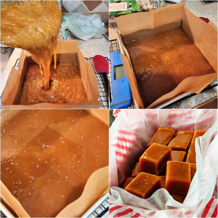 A collage of 4 images: 1)Pouring boiling candy into a square pan lined with parchment. 2)The liquid candy in the pan. 3)The candy with some finishing salt sprinkled over the top of it. 4)The candy, cut and in a tin.