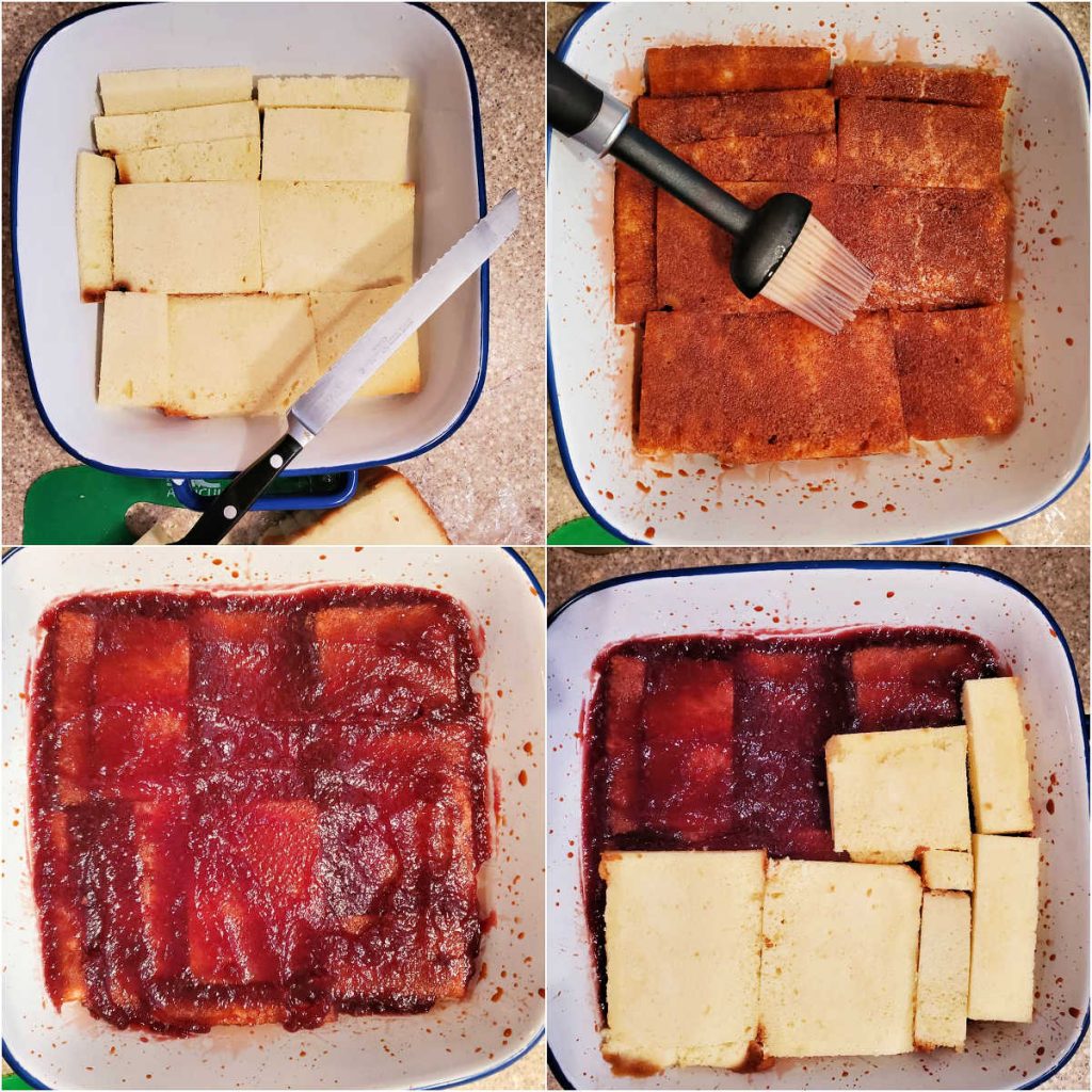 A collage of 4 images showing fitting pound cake into a pan, brushing with sherry, spreading jam onto it, and then adding another layer of pound cake.