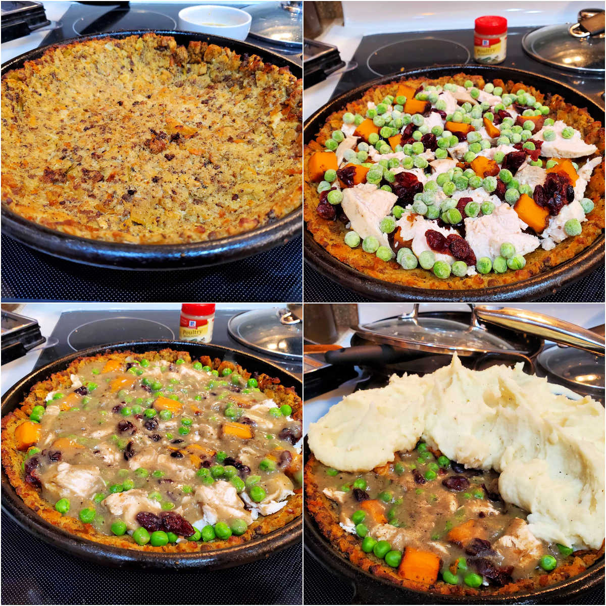 A collage of 4 images. One shows stuffing baked as a crust in a cast iron skillet. The next has sliced turkey, diced sweet potatoes, peas, and Craisins layered in. The third photo shows gravy poured over all the filling ingredients, and the last shows big blobs of mashed potato spooned on top to make shepherd's pie.