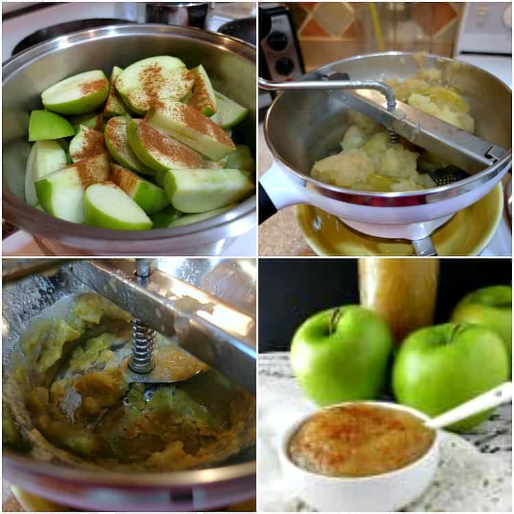 Collage of four images of making applesauce: sliced apples with cinnamon in a pot, pressing cooked apples through a food mill, a food mill with green apple skins left behind from pressing and a bowl of applesauce sprinkled with cinnamon.