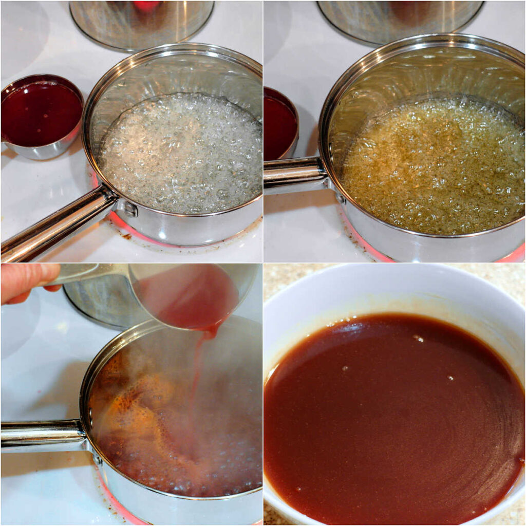 Collage of 4 images showing boiling sugar, sugar turning a pale amber color, pouring blood orange juice into the caramelized sugar, and the finished blood orange caramel sauce in a white bowl.