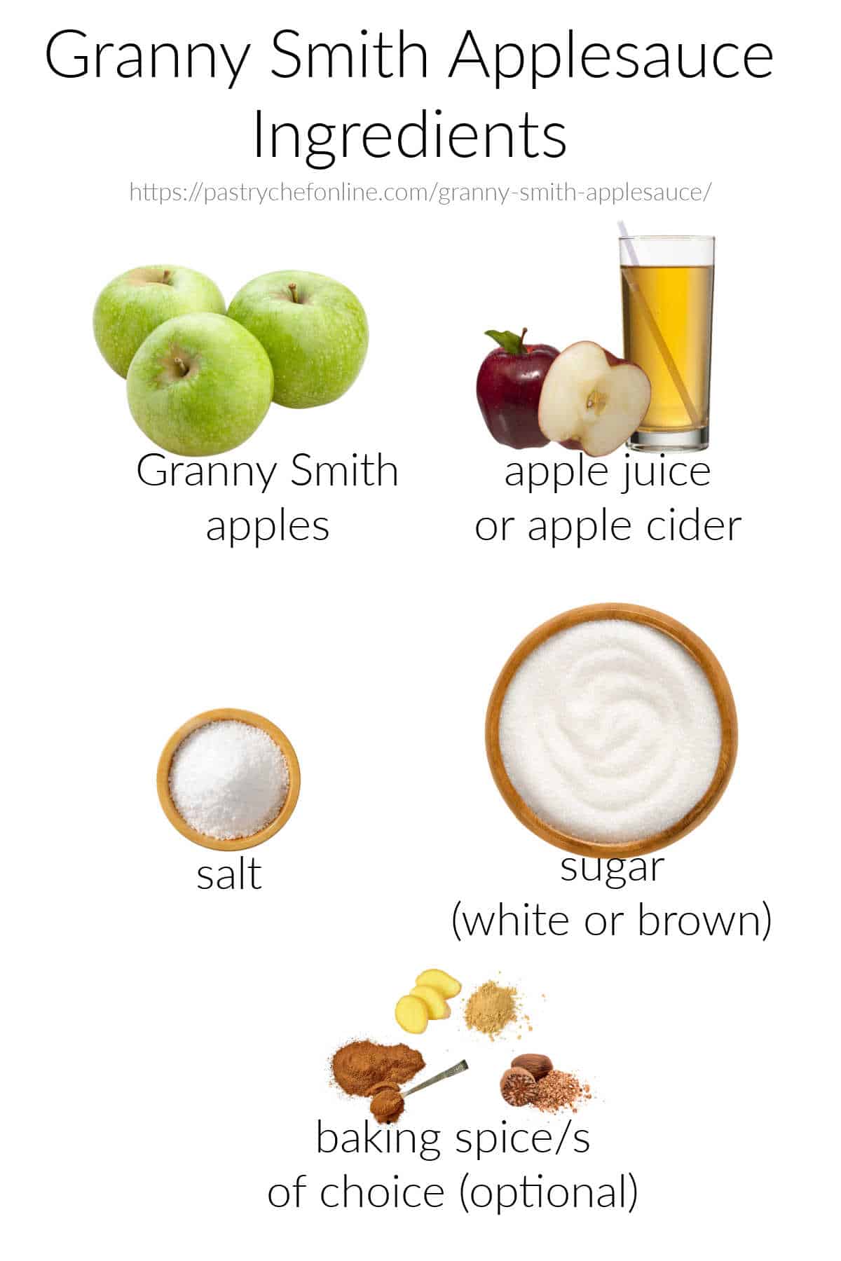 Labeled images of the ingredients needed to make Granny Smith applesauce: Granny Smith apples, apple juice or apple cider, salt, sugar (whote or brown), and baking spice/s of choice (optional).