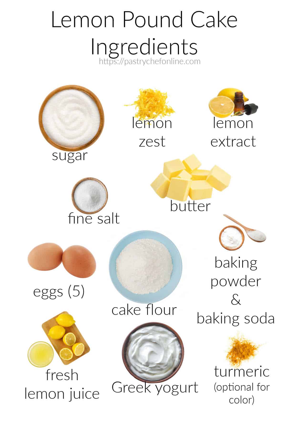 All the ingredients for making a lemon pound cake, labeled and on a white background.