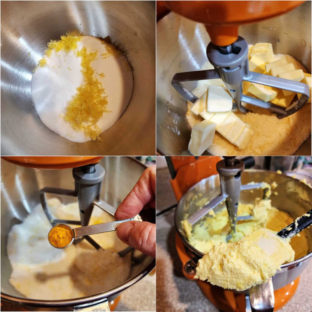A collage of 4 images showing how to mix sugar, lemon zest, butter, and a little turmeric until fluffy as the first step in making a pound cake.