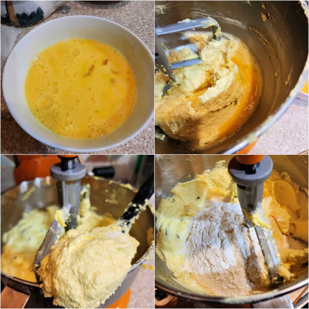 A collage of four images. First is a white bowl with beaten eggs in it. The second shows beating eggs into a batter on a stand mixer. The third is a scoop of batter on a spatula to show the texture. The last is of adding flour to the mixer bowl.