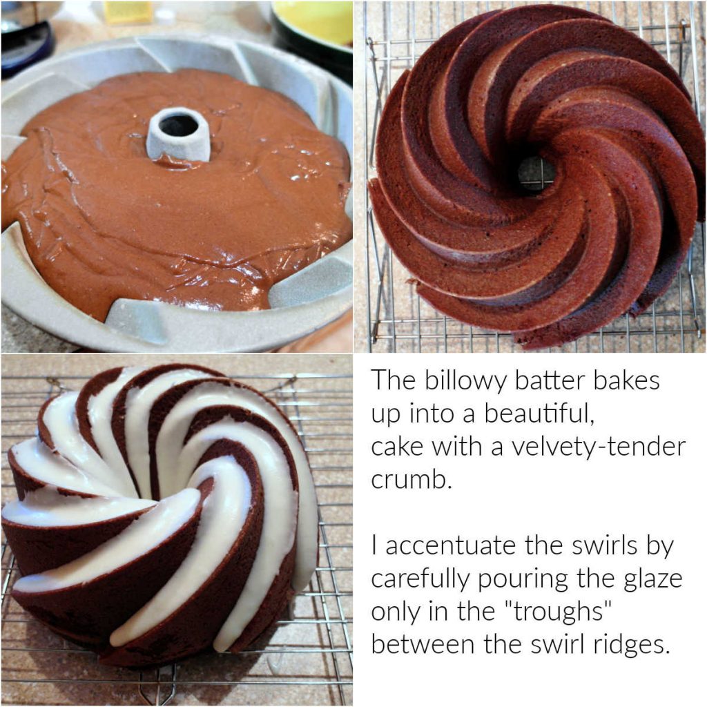 A collage of an image of batter in a cake pan, an overhead shot of a baked pound cake, and a pound cake with glaze on it. Text explains how to pour the glaze to highlight the swirl design of the pan.