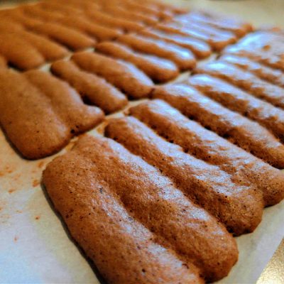 Chocolate ladyfingers piped and baked on parchment paper.