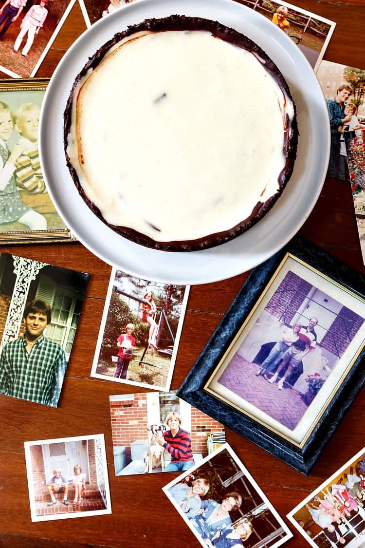 A collage of photographs of my brother and me, taken from overhead, with the uncut chocolate cheesecake pie towards the top of the frame.