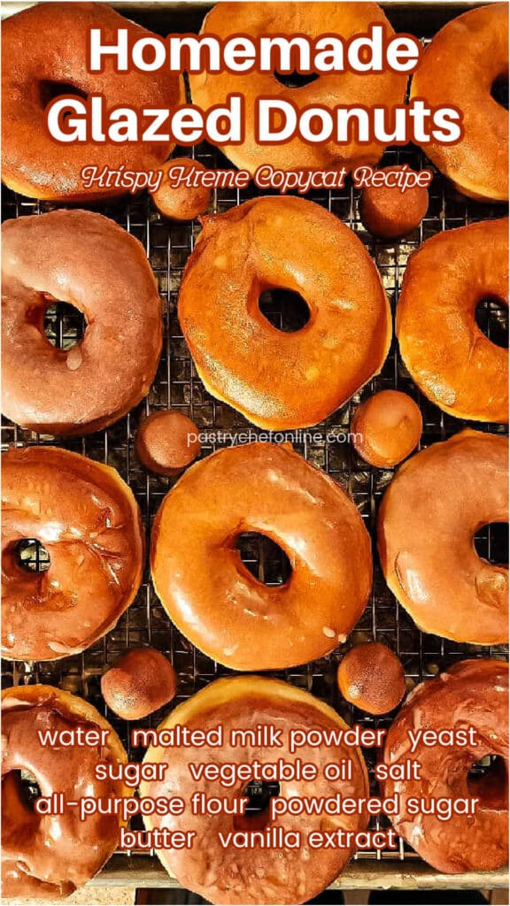 Glazed donut pin image showing glazed donuts, shot in flat lay, cooling on a rack. Text reads, "Homemade Glazed Donuts."